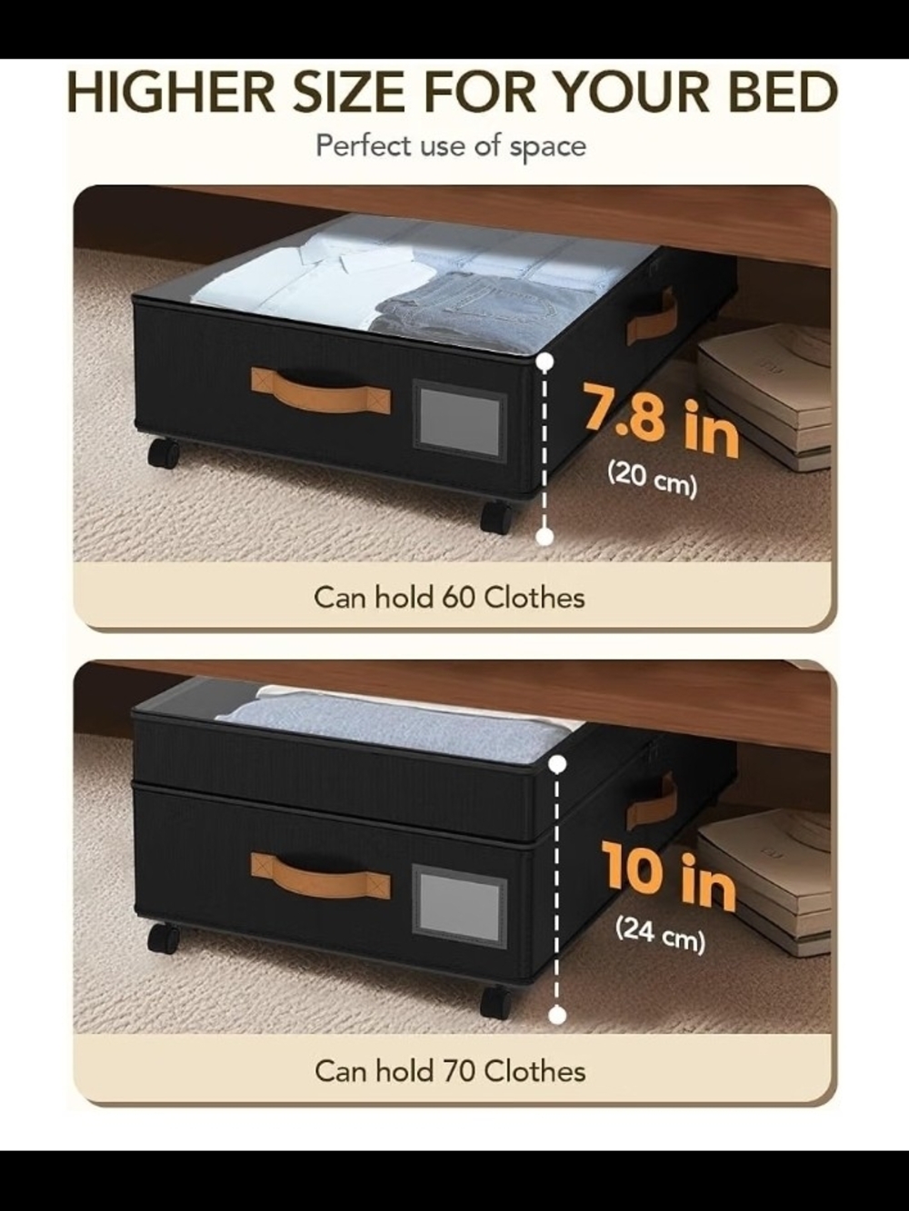 Underbed Storage Organizer with Zippered Lid and Leather Handles, Black - Picture 4 of 7